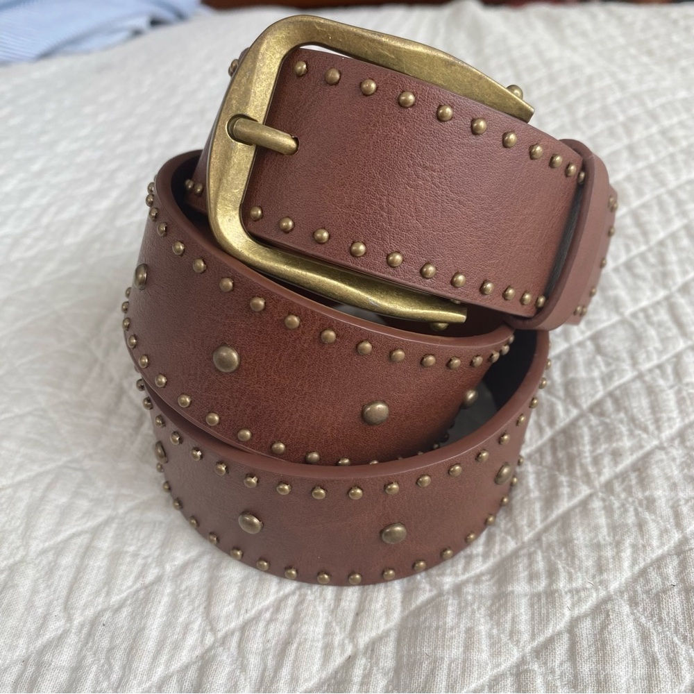 Studded Brown Faux Leather Belt Brass Buckle Festival Boho Size Medium
